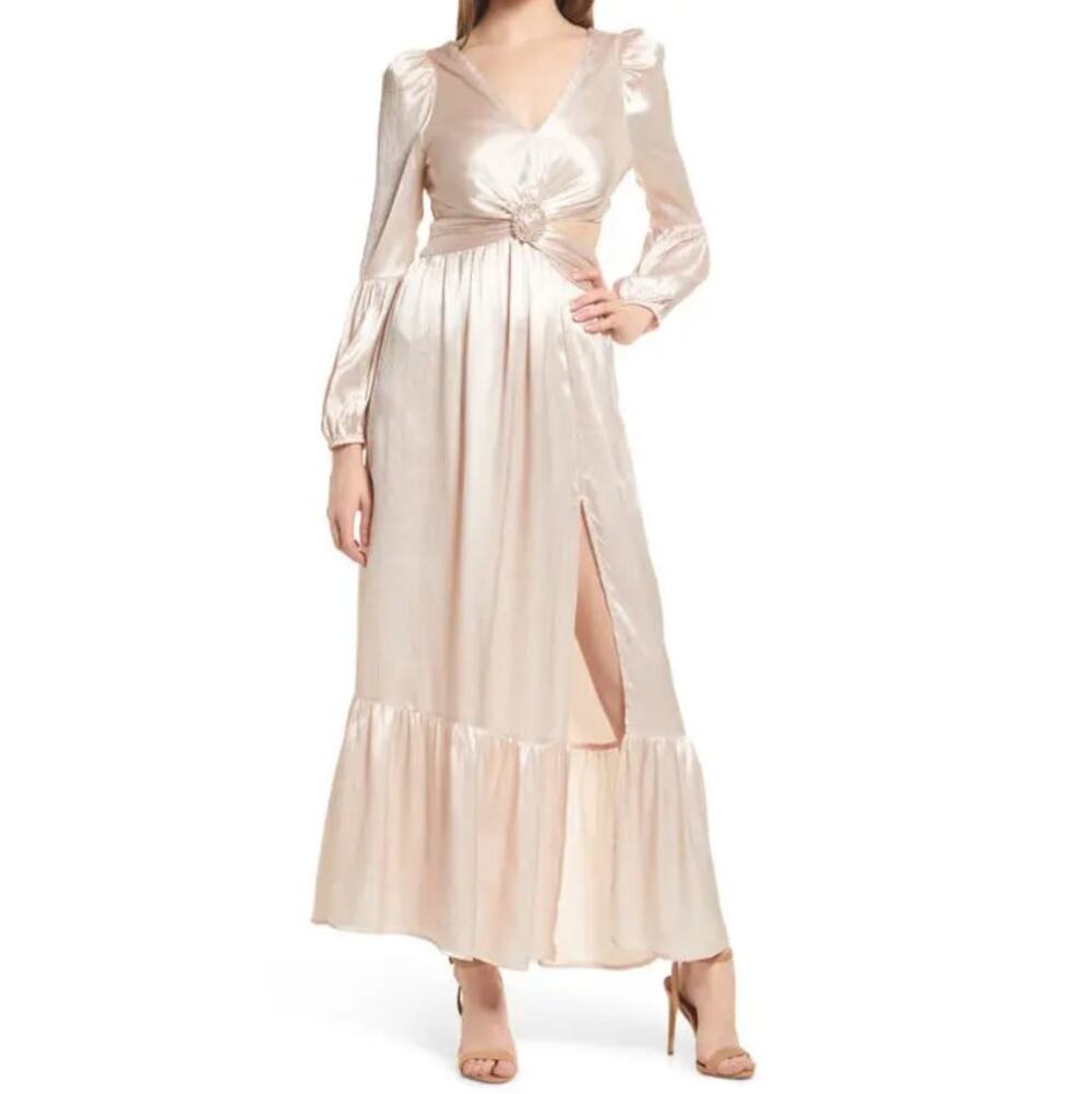RAHI~ ANTHROPOLOGIE Women's Champagne Leila Luster Long Sleeve Maxi Dress Size L